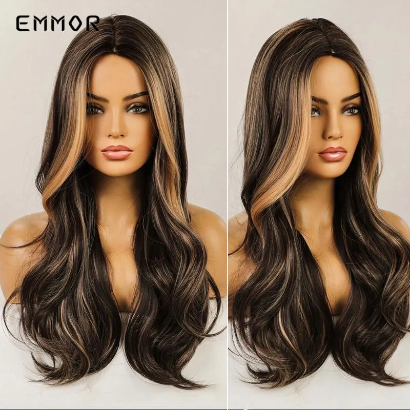 Parrucche sintetiche Emmor Parrucca per capelli lunghi naturali con parte centrale Nero Marrone con bionda Cosplay Moda ondulata Resistente al calore per le donne