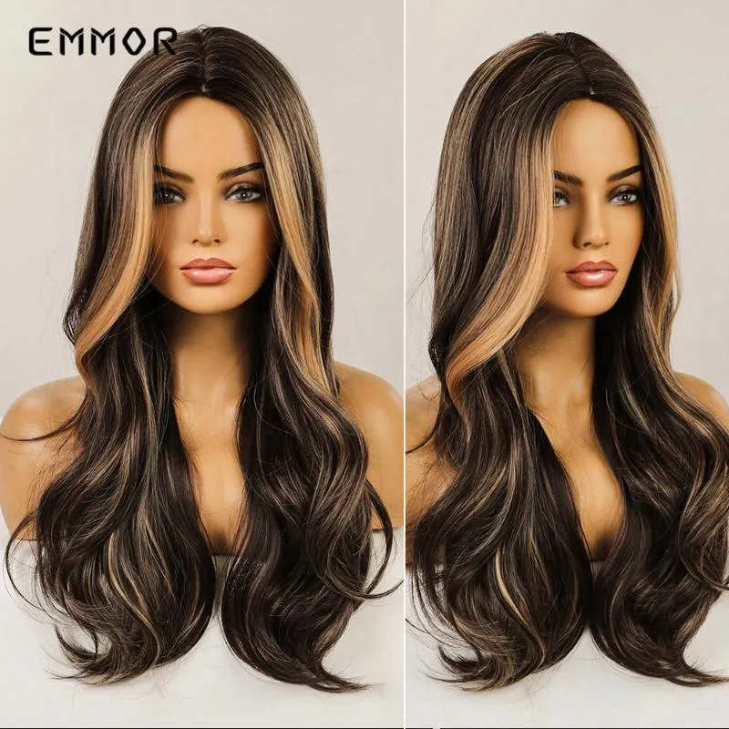 Perruques synthétiques Emmor naturel longue partie moyenne perruque de cheveux noir brun avec blonde Cosplay ondulé mode résistant à la chaleur pour les femmes