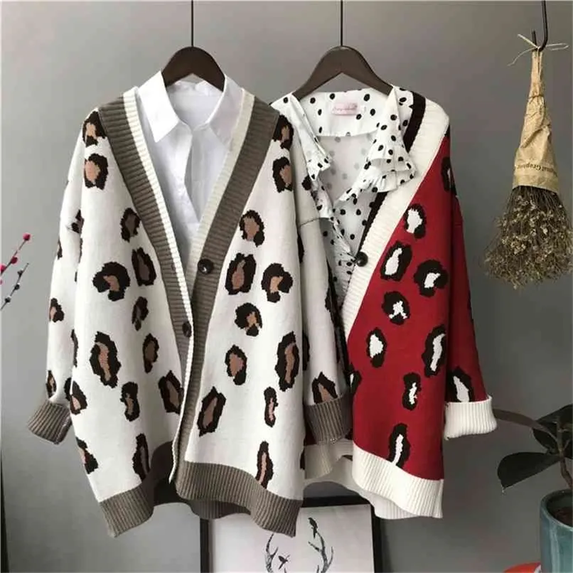 Outono inverno tricotadas blusas de leopardo mulheres coreano de espessura painéis cardigan casaco solto listrado outwear tops 210914