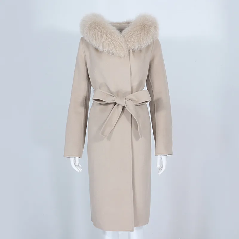 Oftbuy gerçek kürk ceket kış ceket kadınlar doğal tilki kürk yaka kapşonlu kaşmir yün karışımları uzun dış giyim bayan sokak kıyafetleri