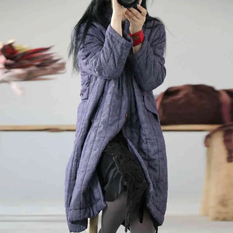 Trench coat in lino di cotone invernale Johnature Abbigliamento donna per il tempo libero O-Collo Tasche con colletto a maniche lunghe Cappotti lunghi casuali 210521