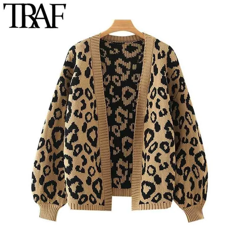 Traf Women Fashion Leopard Wzór luźny sweter z dzianiny Sweter Vintage Lantern Rękaw Kobietowe ekilowe topy 210917