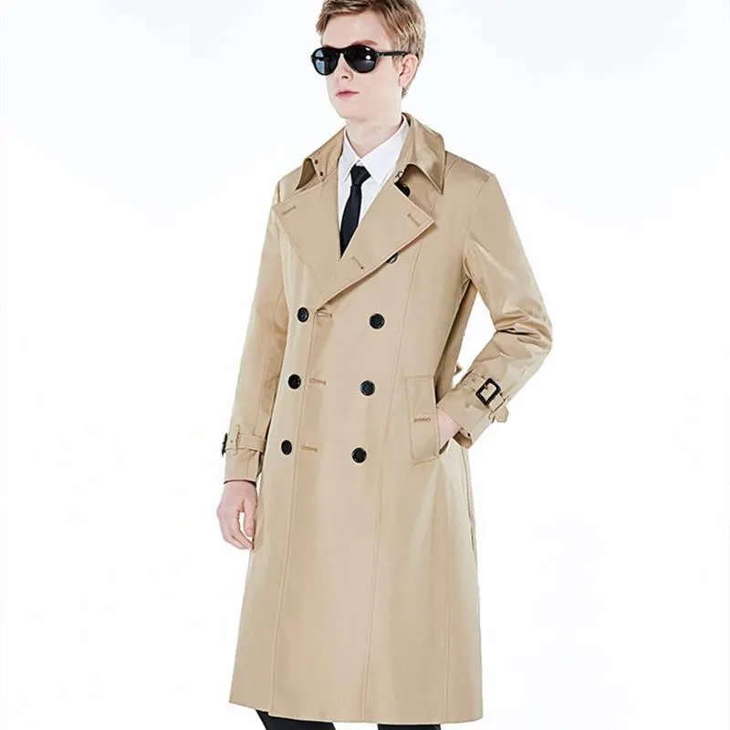 Long Trench Classical Coat 2021 Men Spring Autumn Korean version Slim Double Breasted Over The Knee British Style Casual Men's Coats