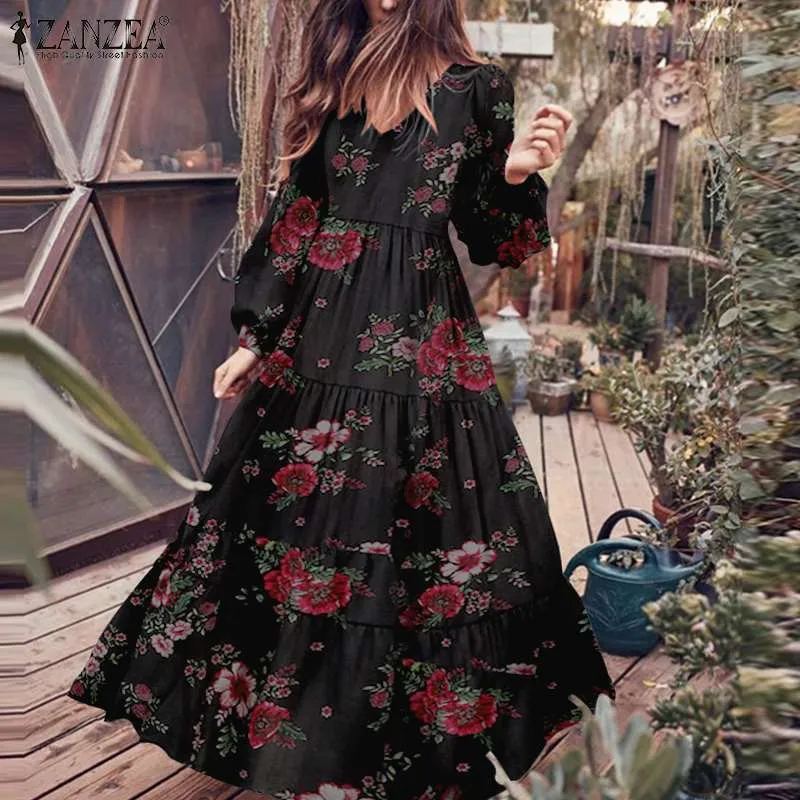 Mode Puff Sleeve Robe Femme Plus Größe Frauen Herbst Langes Kleid ZANZEA V-ausschnitt Rüschen Kleid Vintage Floral Gedruckt Vestidos 5XL X0521