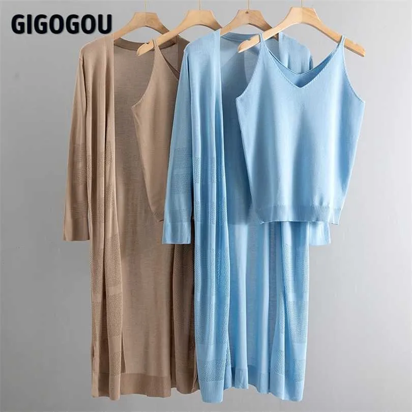 Gigogou Women Hollow Out Sunscreen Sweter Sweter Wiosna Lato Solidna otwarta bluzka Topy + Tank Top 2 Sztuk Dresy Zestaw 211018