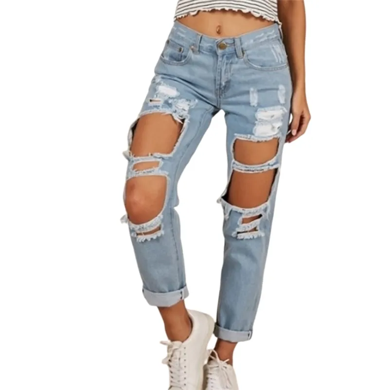 Streetwear grande buraco destruído Baggy calça jeans mulher cintura alta rasgada namorado para as mulheres enorme denim quebrado grande 210629