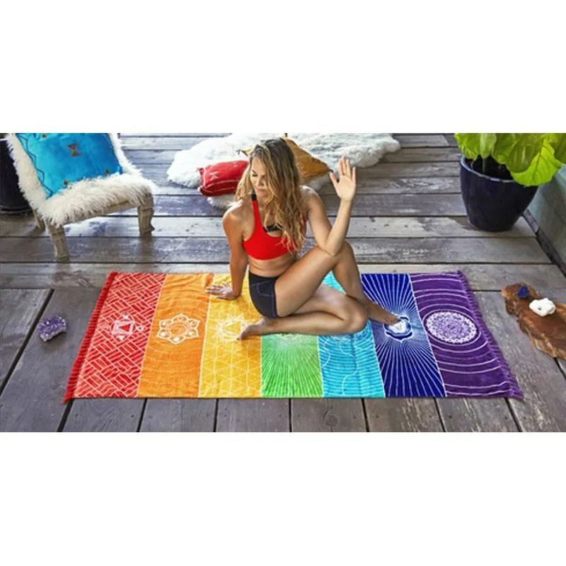 Cobertor de borla Cobertores de praia Único Arco-íris Chakra Tapeçaria Toalha Mandala Boho Listras Estampa Viagem Ioga Acampamento Mat206v