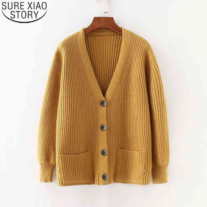 Single Breasted Casual Solid V-neck Knitted Sweater Women Cardigan Winter Loose Knitwear Outwear Jacket 10866 210417