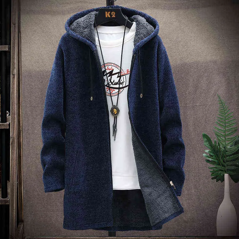 Winter Long Cardigan Sweater Men Fleece Winter Jacket Men's Slim Sweaters Hooded Sweater Thick Warm Coat Mens Warm Clothing 211106