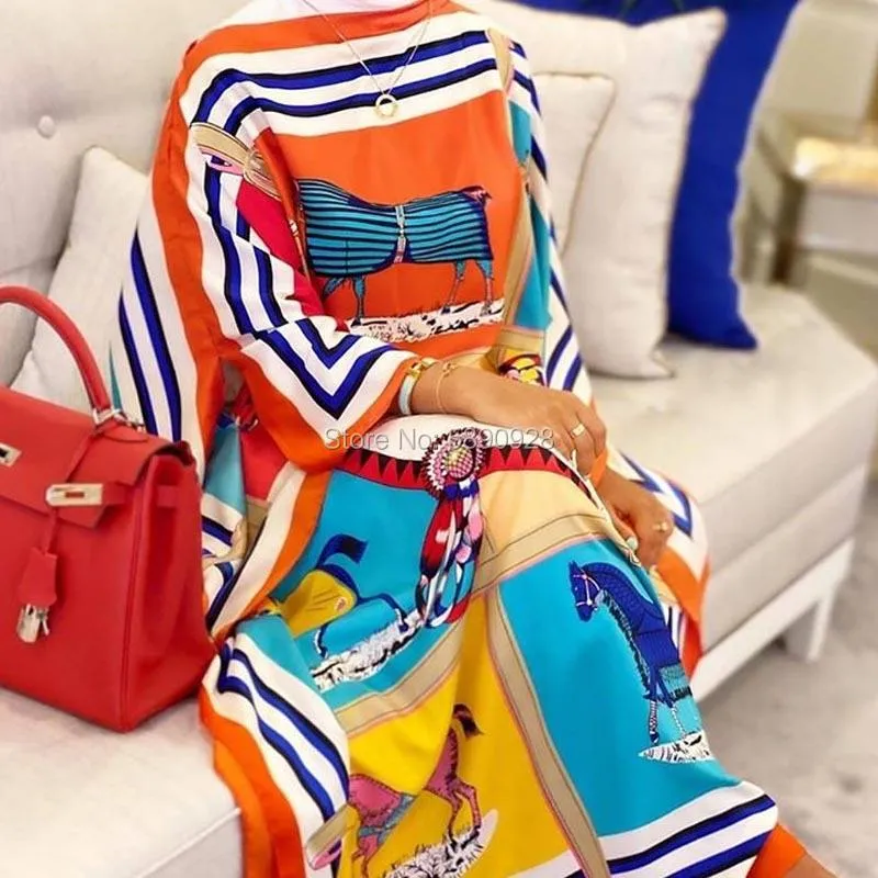 Ropa étnica Kuwait Moda Blogger Recomendado Seda impresa Kaftan Maxi Vestidos de verano suelto Playa de verano Bohemio vestido largo para dama