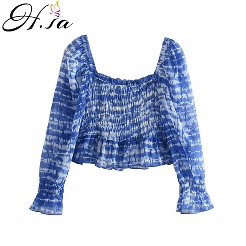 Chemisier HSA Femmes Summer et Tops Long Flare Sleeve Slash Neck Off Epaule Bleu Cravate Teinture Casual Blusa Shirts Short 210430