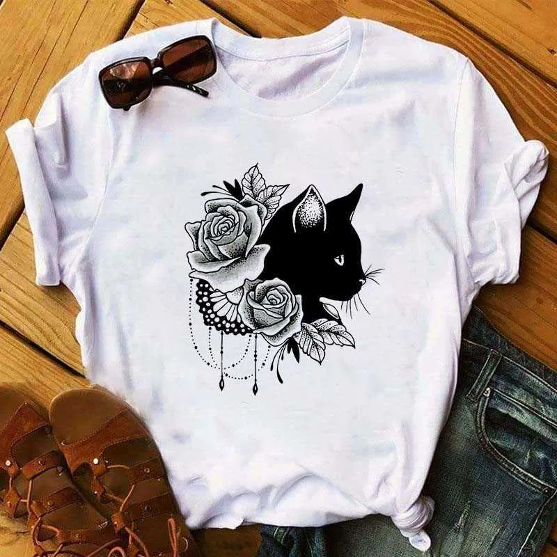 Cat Lover Cool Flower Animal Print Pet T-shirts Women Short Sleeve Tshirt Harajuku Tee Shirts 90s T-shirt Graphic Tops Tee X0527