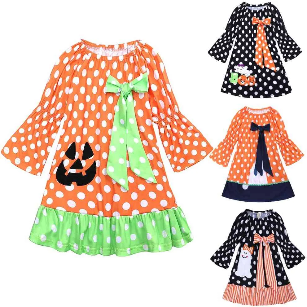 Costumes de Halloween bebê meninas vestido bolinhas abóbora vestidos arco menina roupas crianças roupas de uma peça roupas crianças jumpers algodão 210413