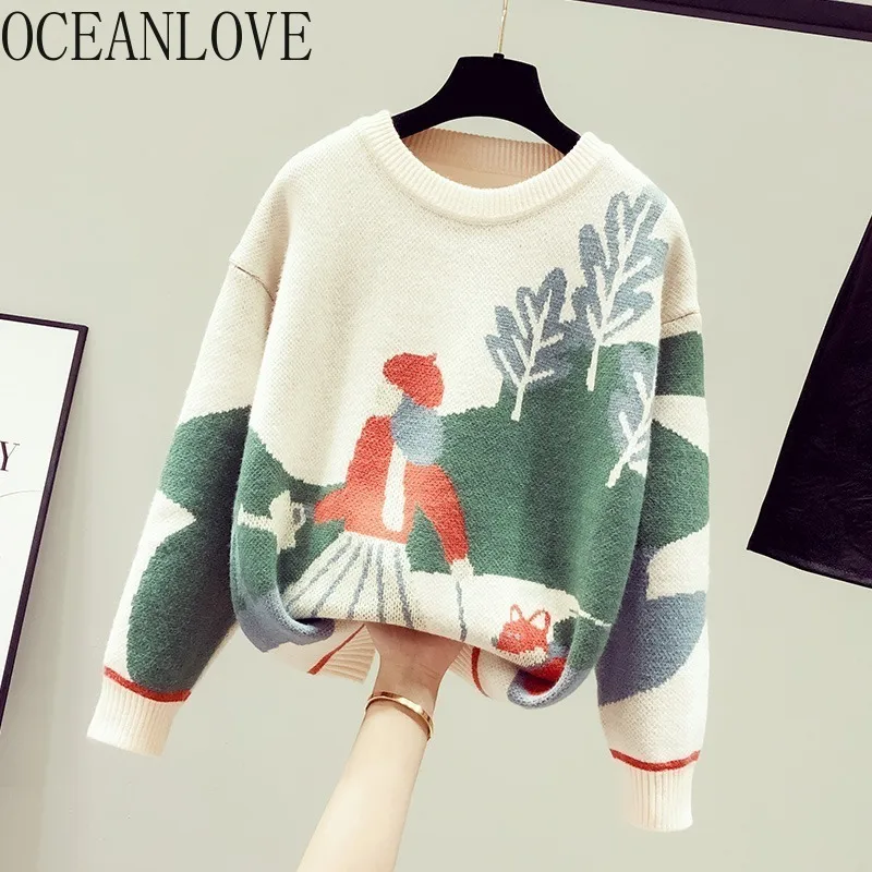 Tecknad Kvinnor Tröjor O Neck Casual Sweet Höst Vinter Ladies Pulovers Koreanska Mode Varma Knitwear 17961 210415