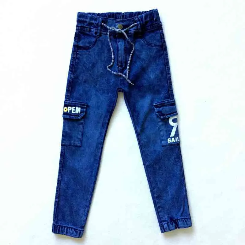 Kinder jeans lente herfst jongens letter print tooling denim broek kinderen multi-pocket broekjes G1220