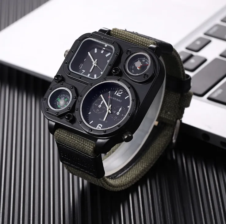 GMT Dual Time Military Mens Watch Outdoor Quartz Watches Canvas Band Compass 50mm Large Square Dial Masculine Wristwatches260x