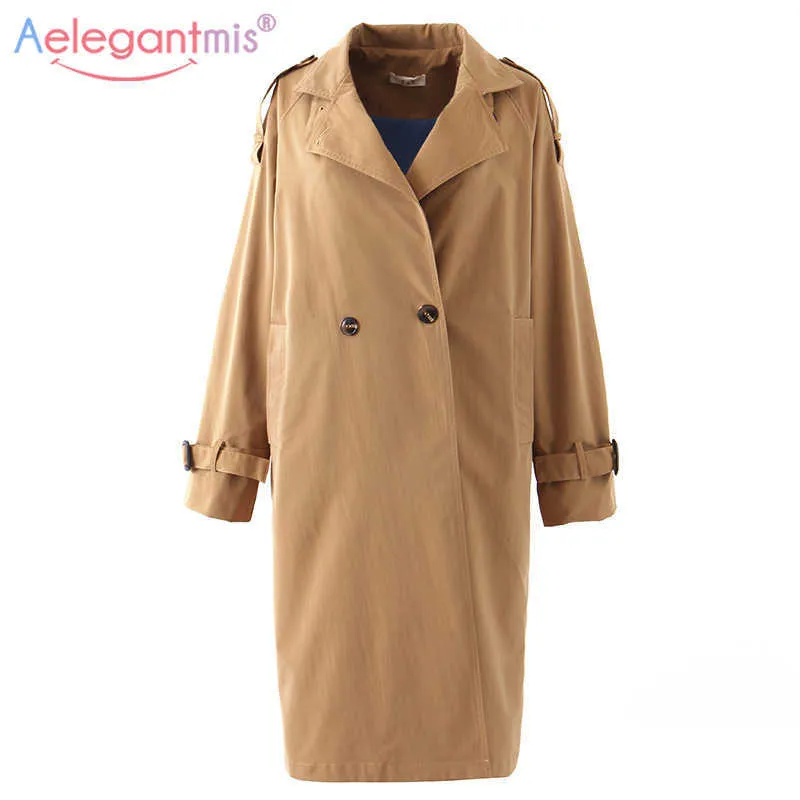 AELEGANTMIS Jesienne kobiety Casual Oversize Trench Coat Loose Vintage Myted Wierzchowiec Ladies High Street Długi płaszcz 210607