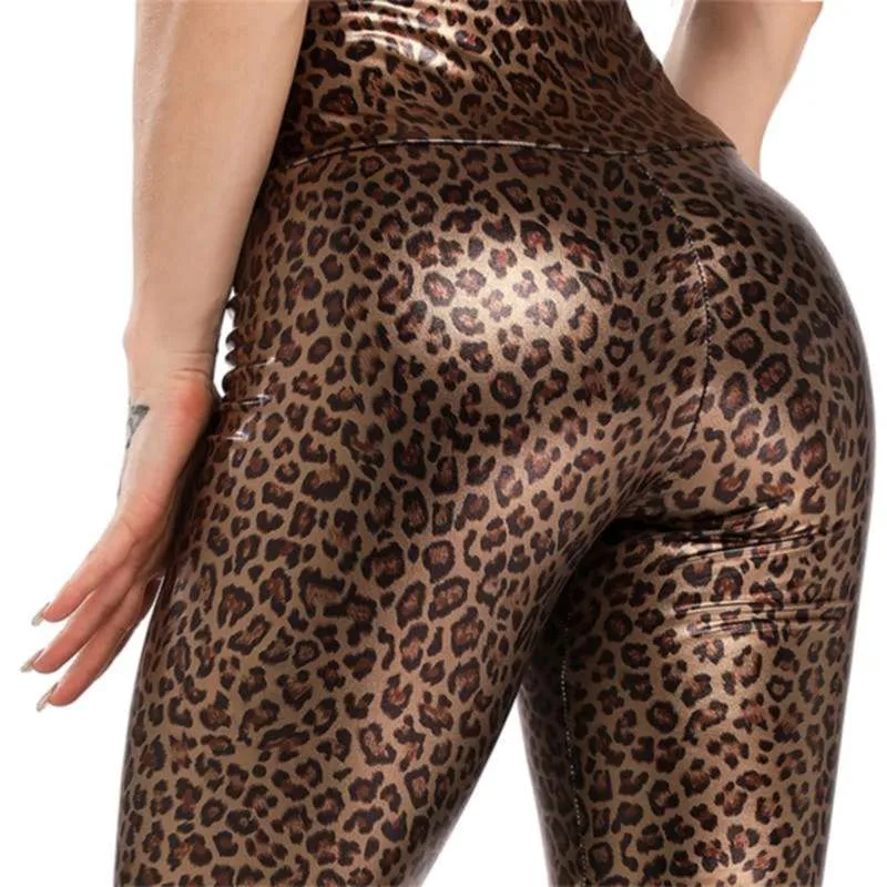 Sexy PU-Lederhosen Frauen elastische hohe Taille Hüfte Push Up Schwarz Sexy weibliche Leggings Jegging beiläufige dünne Bleistifthosen Leopard 210928
