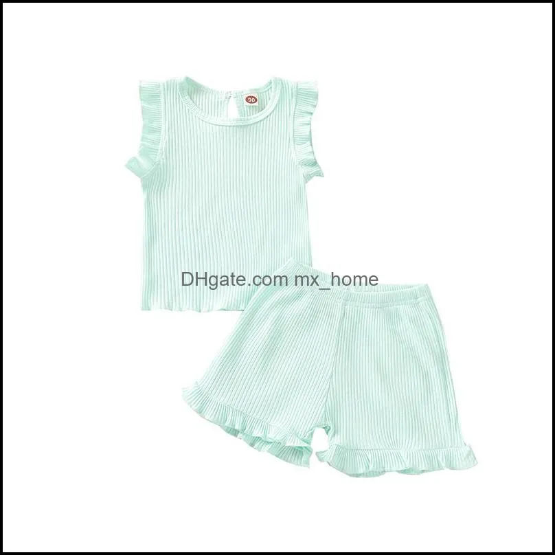 kids Clothing Sets Girls solid color outfits children ruffle sleeveless Tops+shorts 2pcs/set summer fashion Boutique baby clothes