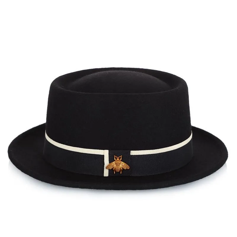 Berets Berets Flat Top Jazz Chapéu Moda 100% Austrália Lã Fedora Masculina com Torta de Porco Mulheres Sentiu 56-58cm