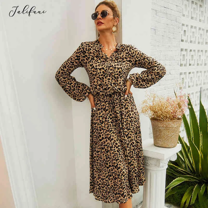 Women Leopard Midi Dress High Waist Long Sleeve Robe Femme Vintage Work Office Ladies Autumn Shirt Vestidos Cortos Fashion 210415