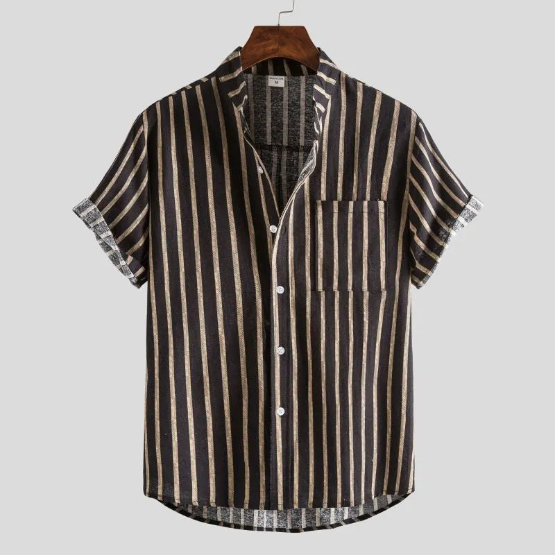 Mäns Casual T Shirts 2022 Män Striped Shirt Brand Stand Collar Streetwear Short Sleeve Knapp Bomull Linen Camisa Hombre Leisure Fashion Tops