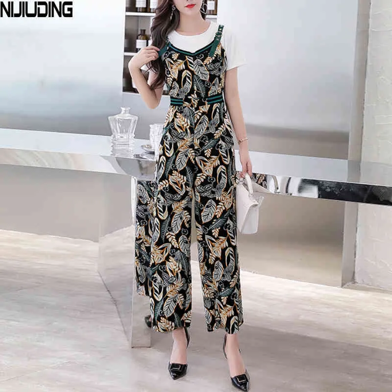 Women's Chiffon Wide Leg Pants Bodysuits Spring Summer Female Printed leaf Boho Pant Casual Trousers Oversize Jumpsuits 210514