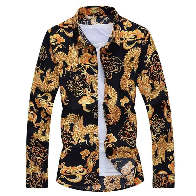 Autumn Spring Clothes Chinese Dragon Shirt Men Long Sleeves Blouse Big Size 6XL 7XL Print Hawaiian Beach Casual For Man 210714