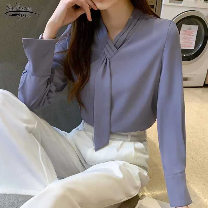 Plus size solta pulôver flare manga longa chiffon tops outono v-pescoço moda elegante blusa sólida camisa roxa 11378 210508