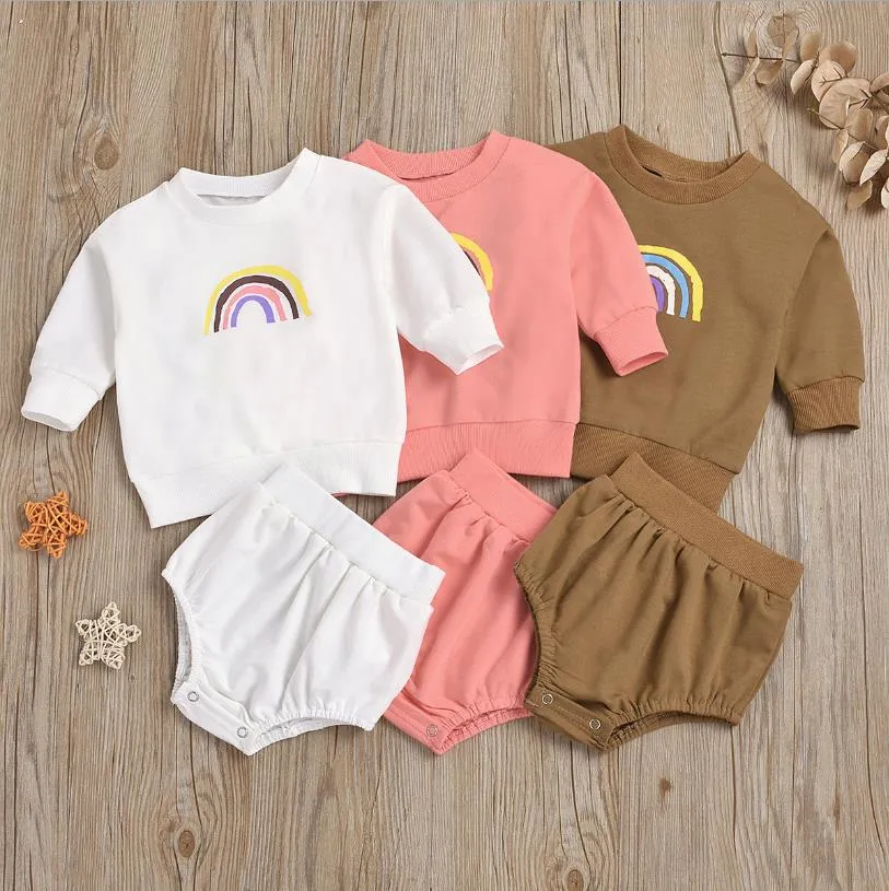 Designer Baby Kläder Set Girls Rainbow Tops Shorts 2PCS Ställer Långärmad Pojkar Passar Baby Boutique Kläder 3 färger DW6092