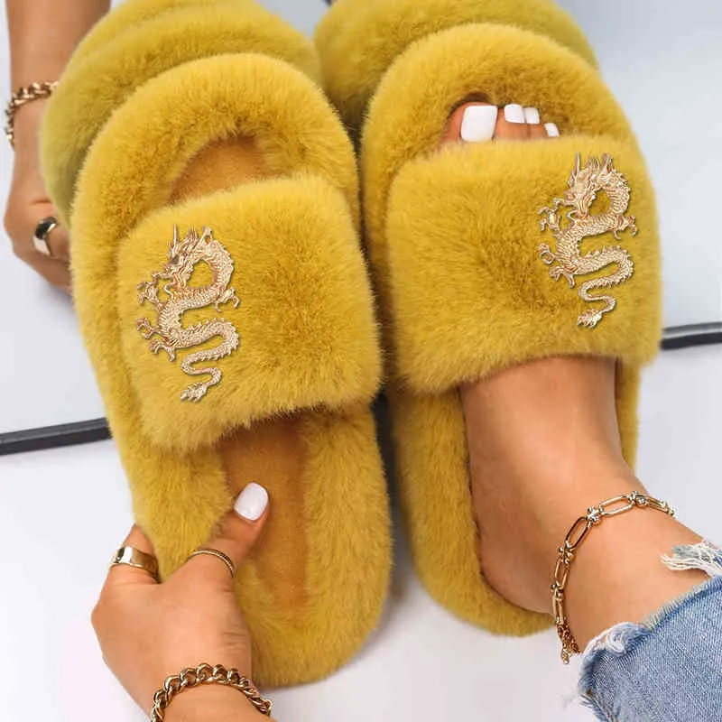 Fur Slippers Women Designer Furry Slides Ladies Flip Flops Golden Dragon Faux Fur Sandals House Slippers Luxury Brand Shoes 2022 Y220221
