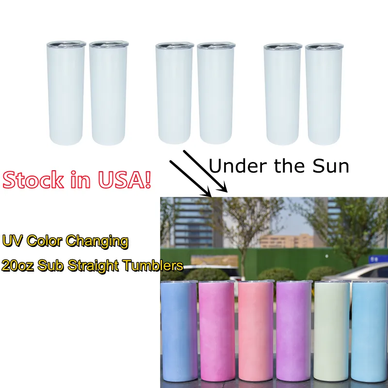Stok ABD 20 oz süblimasyon düz sıska tumbler güneş ışığı algılama paslanmaz çelik yalıtımlı vakum UV renk değişen bardaklar kapak saman ile diy cutsom logosu