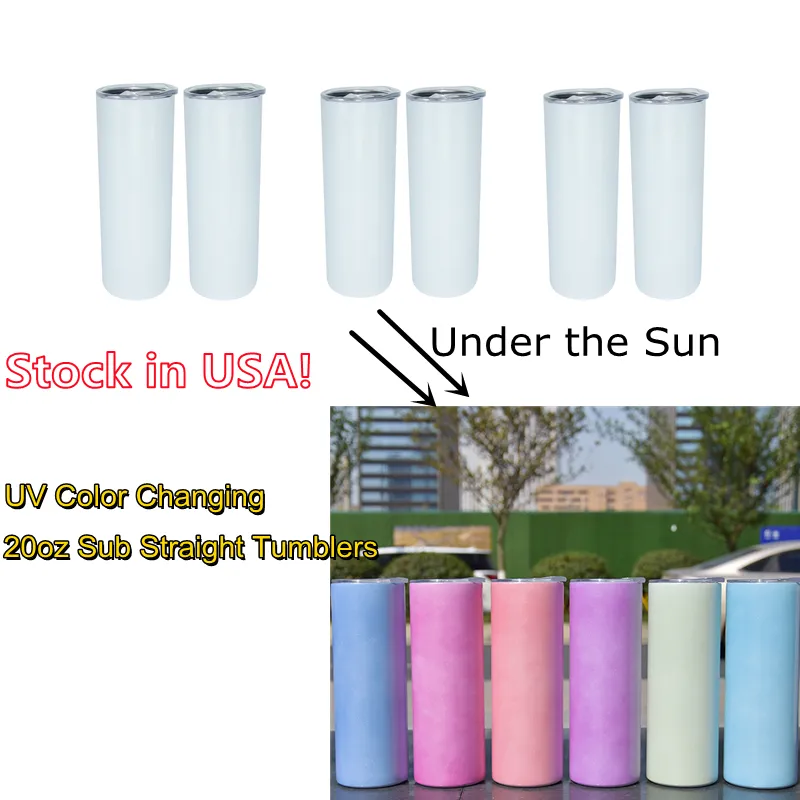 Lager i USA 20oz sublimering rakt skinny tumbler solljus avkänna rostfritt stålisolerat vakuum UV färgbyte tumblers med lock halm DIY cutsom logo