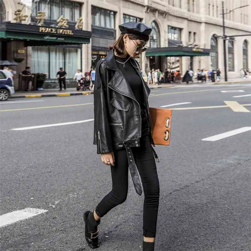 Casual Biker Jackets Outwear Female Tops PU Faux Leather Women Loose Sashes BF Style Black Coat 210430