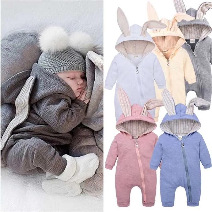 Printemps Automne Bébé Barboteuses Mignon De Bande Dessinée Lapin Infantile Fille Garçon Cavaliers Enfants Tenues Vêtements Salopette Costume De Pâques 211101