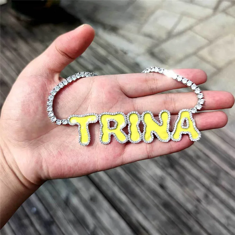 Yeni Treny Altın Gümüş Renk Bling CZ Sarı Yağlı Boya DIY Özel Adı Mektubu Kolye Kolye 4mm 20 inç CZ tenis zinciri olan erkekler için