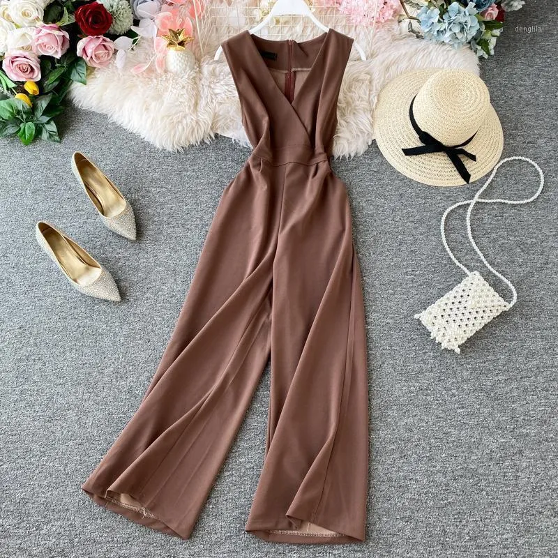 Mulheres elegantes V Neck Grande perna Jumpsuits Sem Mangas Mulheres Casual Sólido Romper Roupas-C Mulheres Macacões