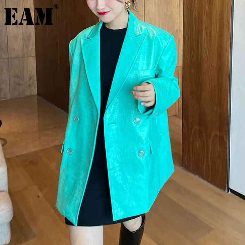 [EAM] femmes vert Pu cuir grande taille Blazer revers manches longues coupe ample veste mode printemps automne 1DD6438 21512