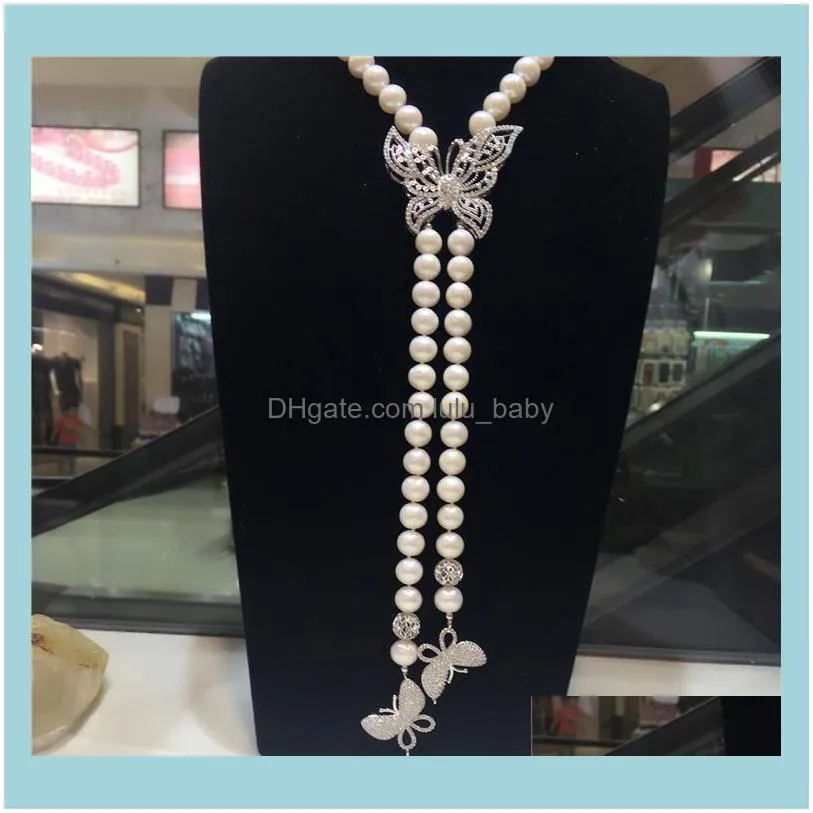 Chains Hand Knotted Natural 8-9mm White Freshwater Pearl Long Sweater Chain Butterfly Micro Inlay Zircon Accessories Necklace