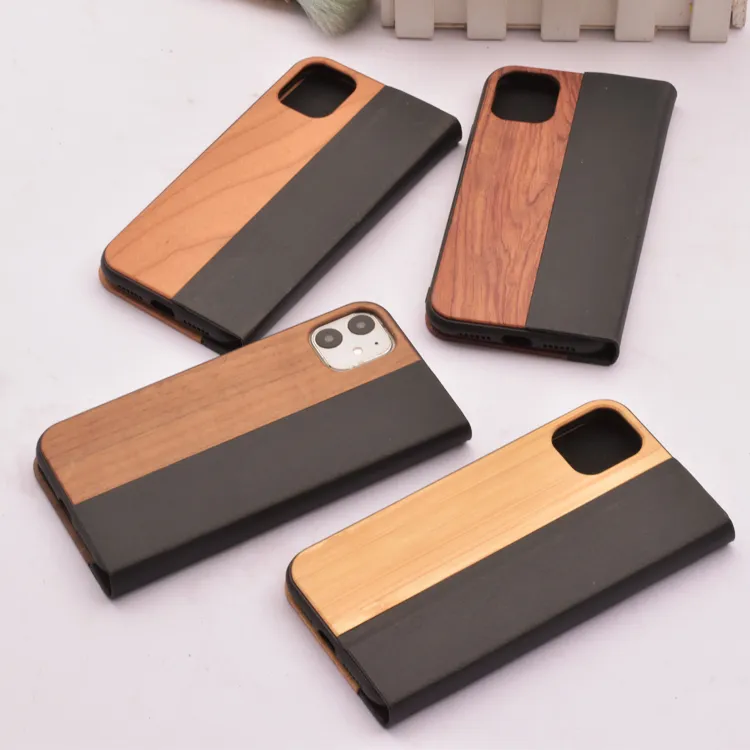 Luxuriöse Naturholz-Lederhüllen für iPhone 12 13 Pro Max 11 XS XR Hülle Holzhülle