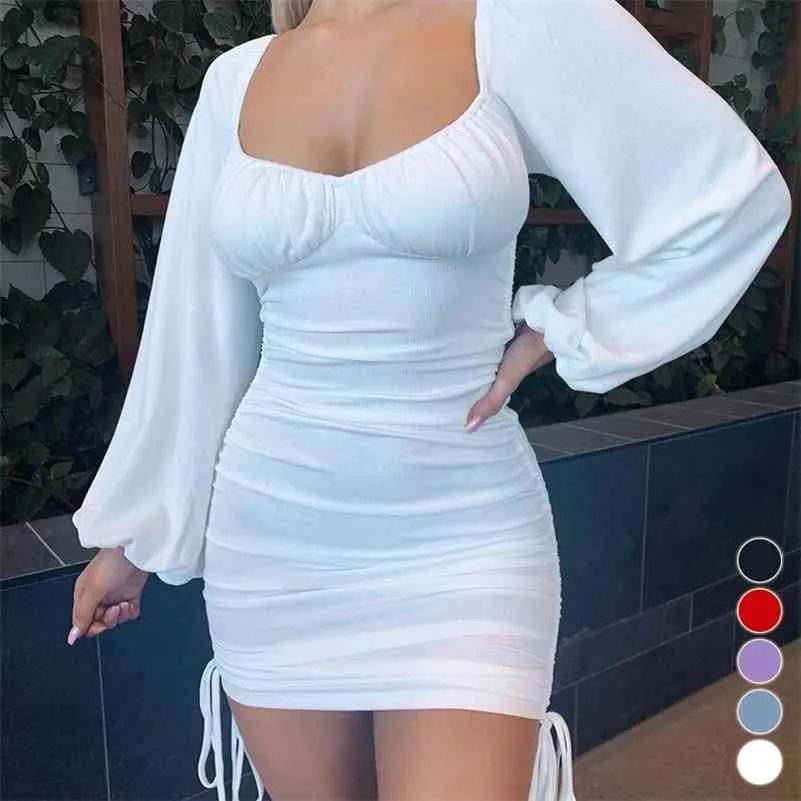 White Long Sleeve Bodycon Dress Women Summer Off Shoulder Sexy Mini Dress Drawstring Ruched Puff Sleeve Short Party Dress Black 210621