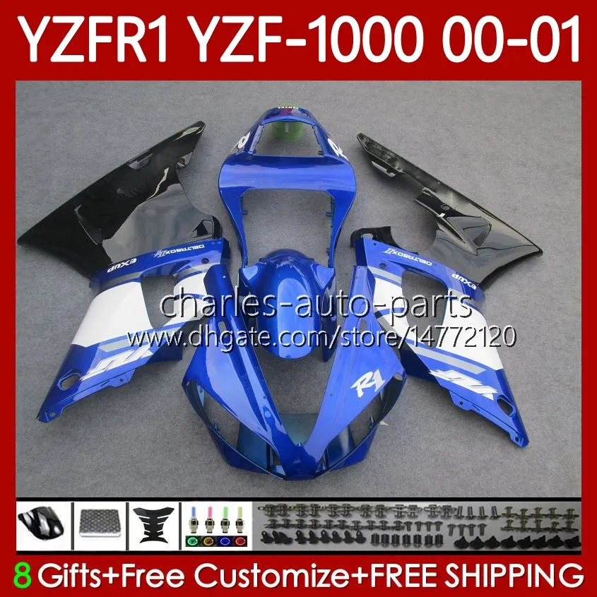 Carenados OEM para YAMAHA YZF-R1 YZF1000 YZF R 1 1000 CC YZFR1 00 01 02 03 Carrocería 83No.106 YZF R1 1000CC Azul negro blanco 2000 2001 2002 2003 YZF-1000 00-03 Kit de carrocería de motocicleta