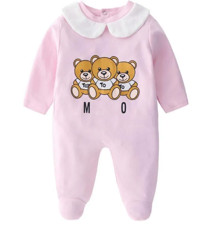 소매 신생아 2pcs 아기 세트 모자 면화 곰 인쇄 된 점프 슈트 점프 슈트 유아 유아 키즈 디자이너 의류
