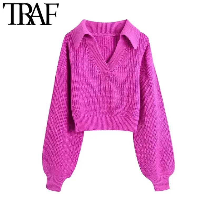 TRAF Femmes Mode Cropped Knit Pull Vintage Johnny Collier Lanterne Manches Femme Pulls Chic Tops 211215