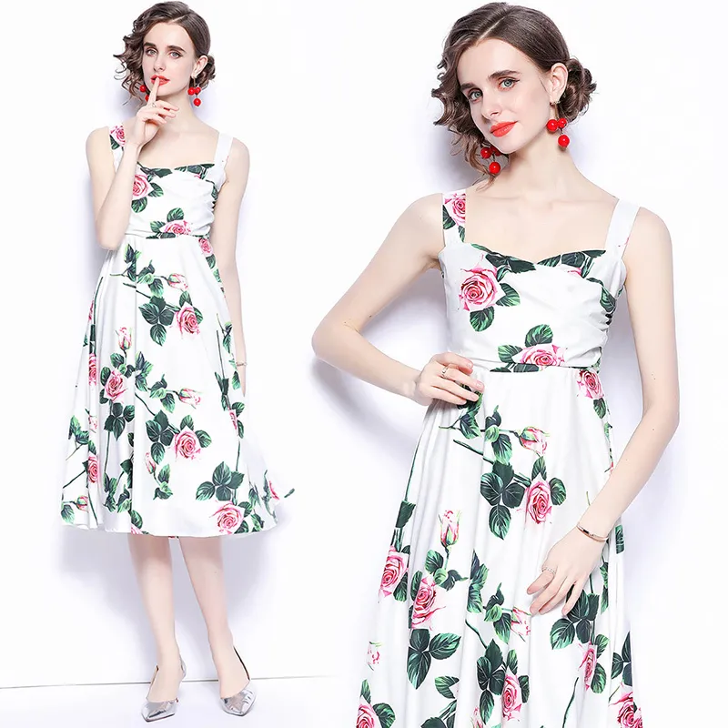 Zomer vrouwen rose print riem jurk witte mouwloze vest a-lijn met voering vrouwelijke vestidos 210514