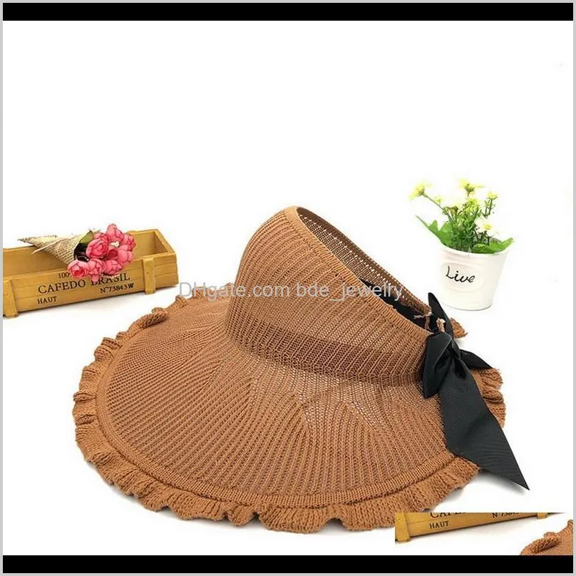 summer bow sun hats empty top hat women uv protction caps cutout beach cap ribbon knit raffia wide brim