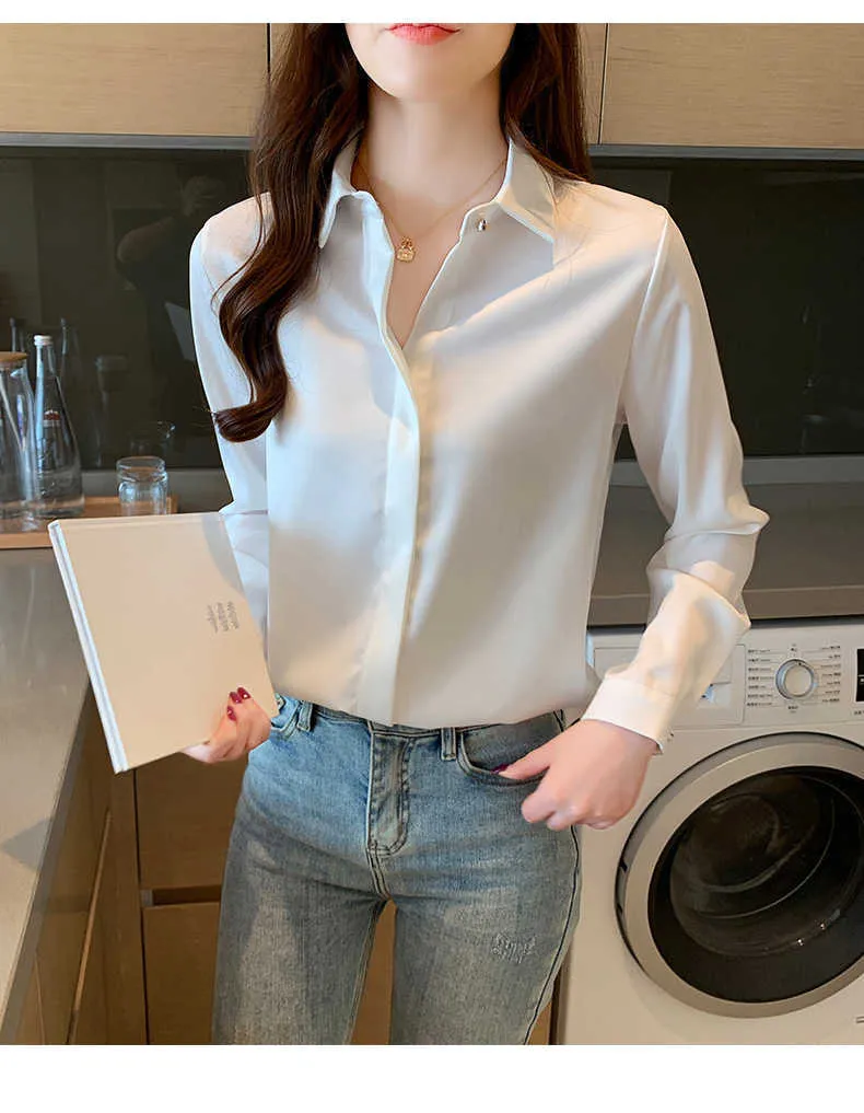 Plus Size Satin White Silk Satin Blouse Women for Women - Long Sleeve Casual Top (210604), image size:790x1017