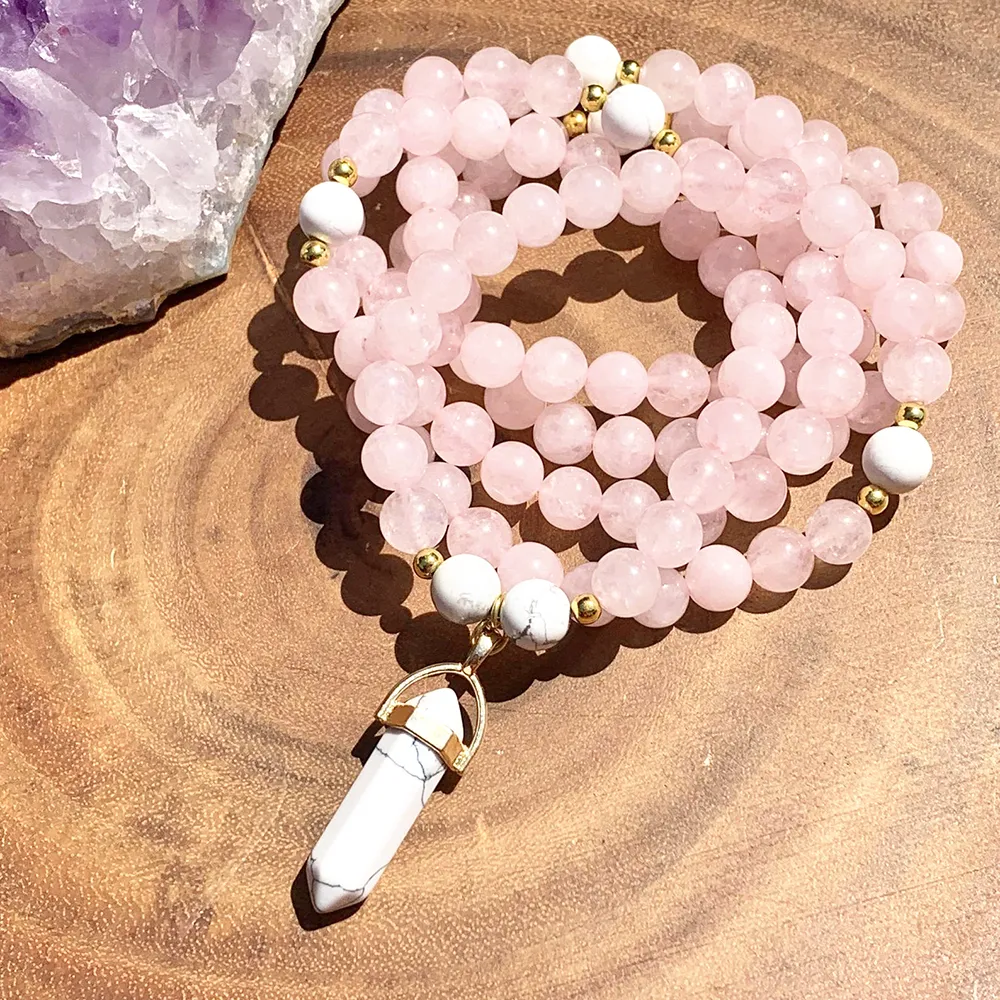 ST0372 Rose Quartz Howlite Emballage Mala Bracelet Femmes 108 Mala Yoga Collier Déesse Féminine Yoga Méditation Collier