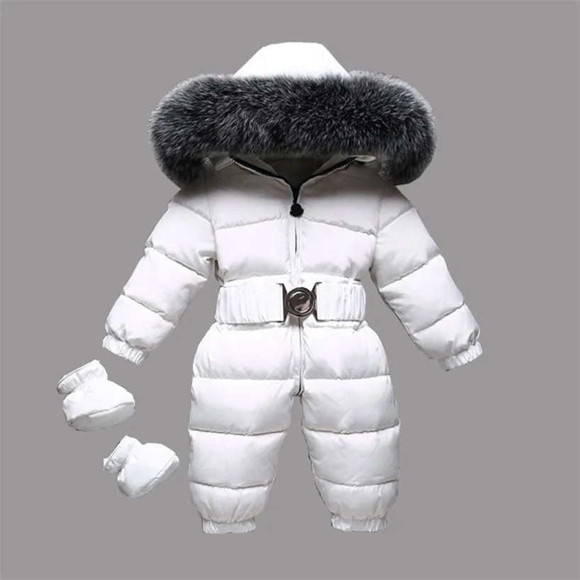 Vinter varm baby rompers ner tjejer overalls päls hooded pojkar jumpsuits utomhus barn onesie höst toddler snö kläder 220106