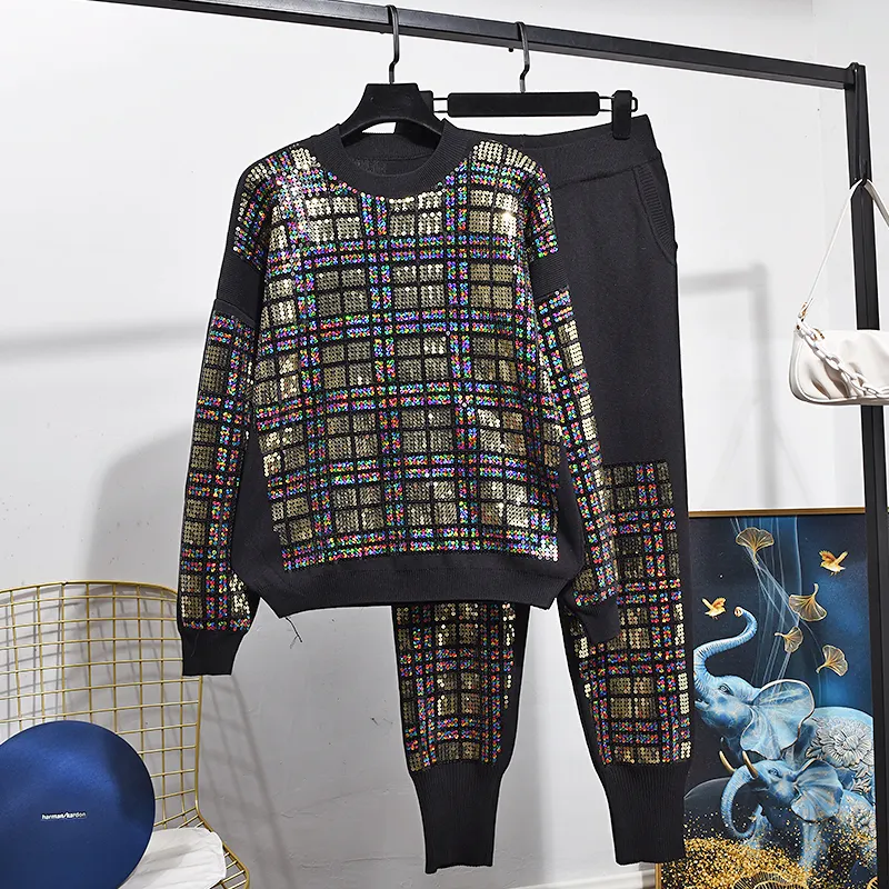 Tute autunno inverno Paillettes manuali Completi lavorati a maglia Donna Maglione nero Pantaloni a matita Set 2 pezzi Abito casual in maglia allentato femminile Streetwear